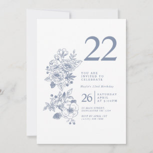 Botanical Wildflower Dusty Blue 22nd Birthday Invitation