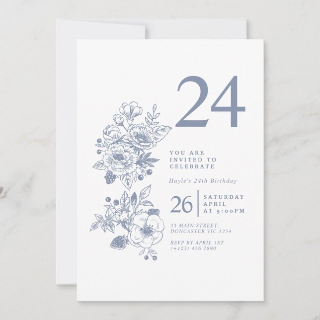 Botanical Wildflower Dusty Blue 24th Birthday Invitation (Front)