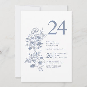 Botanical Wildflower Dusty Blue 24th Birthday Invitation