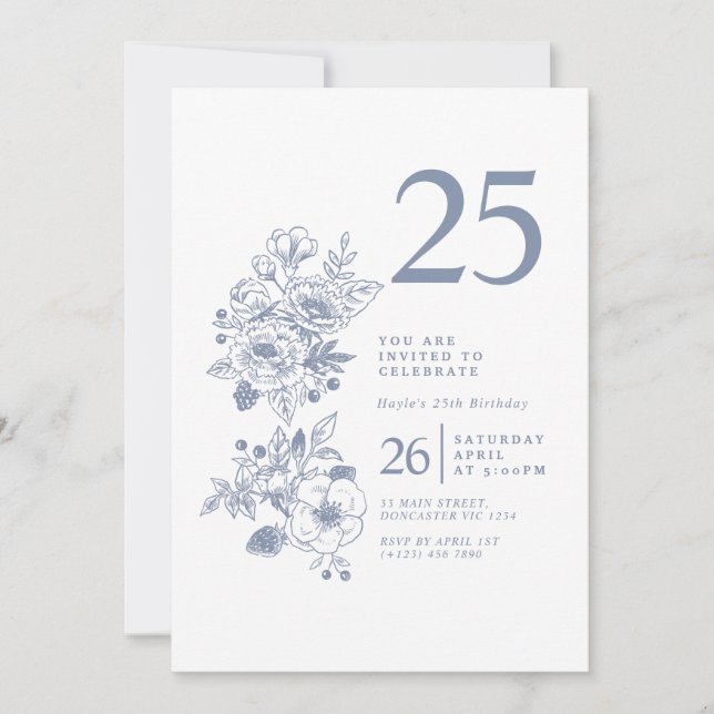 Botanical Wildflower Dusty Blue 25th Birthday Invitation (Front)