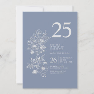 Botanical Wildflower Dusty Blue 25th Birthday Invitation