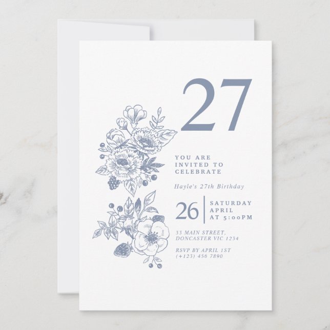 Botanical Wildflower Dusty Blue 27th Birthday Invitation (Front)