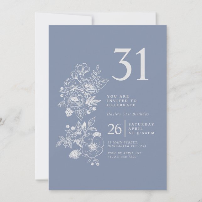 Botanical Wildflower Dusty Blue 31st Birthday Invitation (Front)