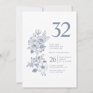 Botanical Wildflower Dusty Blue 32nd Birthday Invitation
