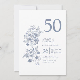 Botanical Wildflower Dusty Blue 50th Birthday Invitation