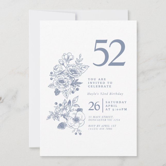 Botanical Wildflower Dusty Blue 52nd Birthday Invitation (Front)