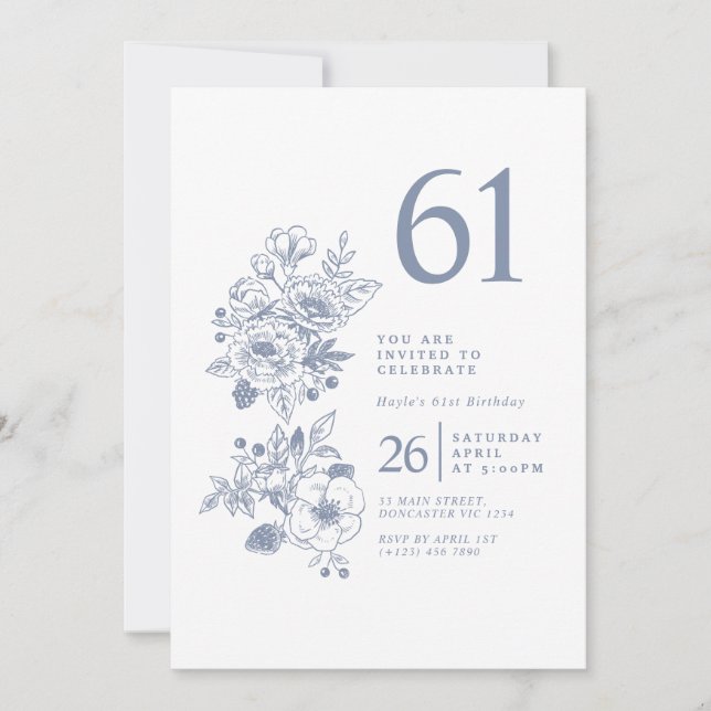Botanical Wildflower Dusty Blue 61st Birthday Invitation (Front)