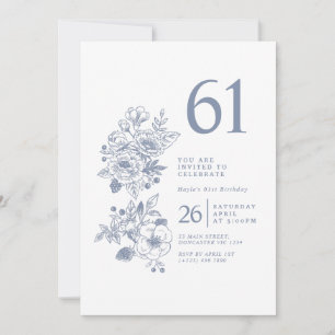 Botanical Wildflower Dusty Blue 61st Birthday Invitation
