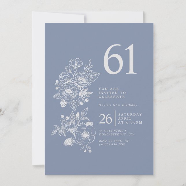 Botanical Wildflower Dusty Blue 61st Birthday Invitation (Front)