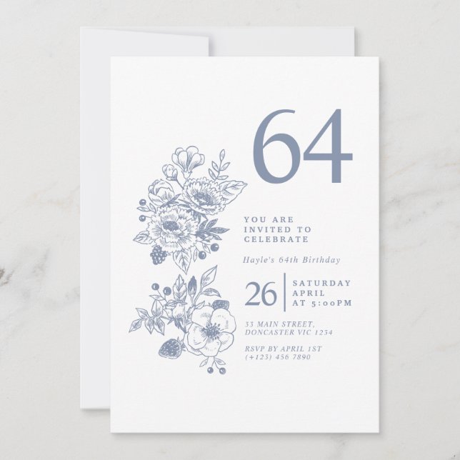 Botanical Wildflower Dusty Blue 64th Birthday Invitation (Front)
