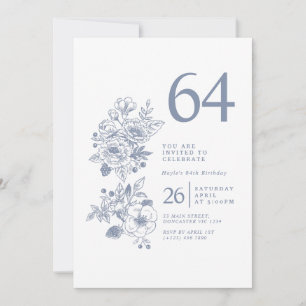 Botanical Wildflower Dusty Blue 64th Birthday Invitation
