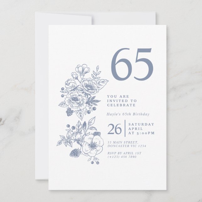 Botanical Wildflower Dusty Blue 65th Birthday Invitation (Front)