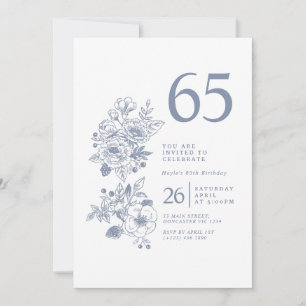 Botanical Wildflower Dusty Blue 65th Birthday Invitation