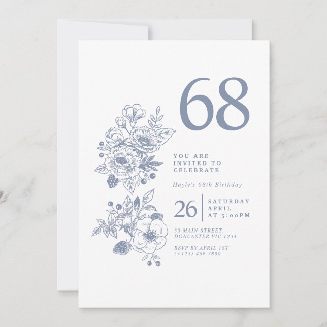 Botanical Wildflower Dusty Blue 68th Birthday Invitation (Front)