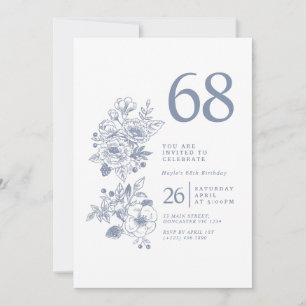 Botanical Wildflower Dusty Blue 68th Birthday Invitation