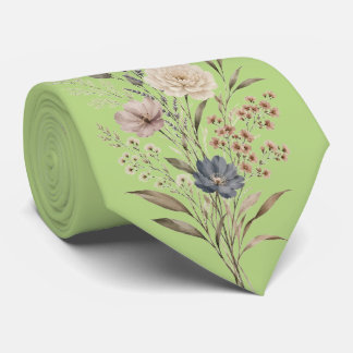 Botanical Wildflower Embroidered-Style Green Tie