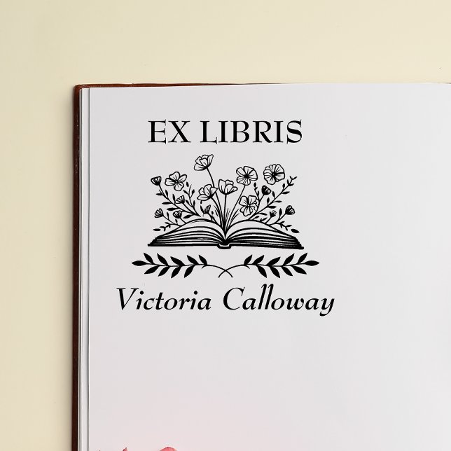Botanical Wildflower Open Book Ex Libris Bookplate Rubber Stamp (ex libris wildflower open book)