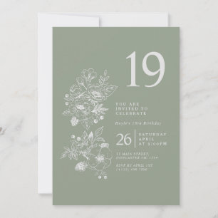 Botanical Wildflower Sage Green 19th Birthday Invitation