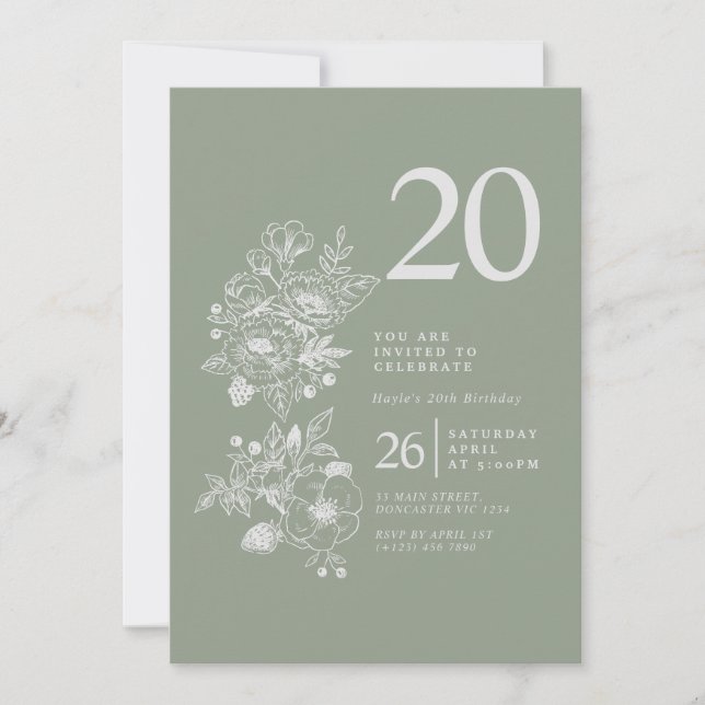 Botanical Wildflower Sage Green 20th Birthday Invitation (Front)