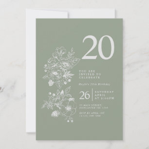 Botanical Wildflower Sage Green 20th Birthday Invitation