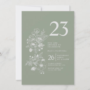 Botanical Wildflower Sage Green 23rd Birthday Invitation