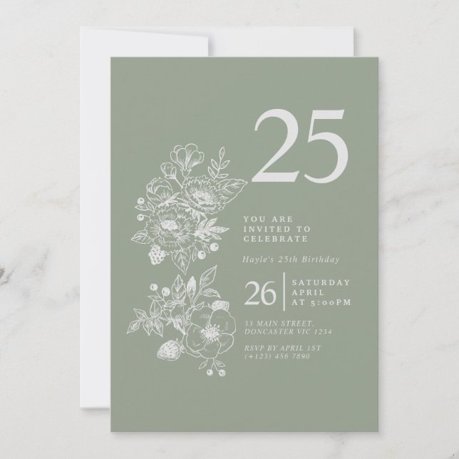 Botanical Wildflower Sage Green 25th Birthday Invitation (Front)