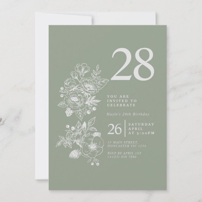 Botanical Wildflower Sage Green 28th Birthday Invitation (Front)