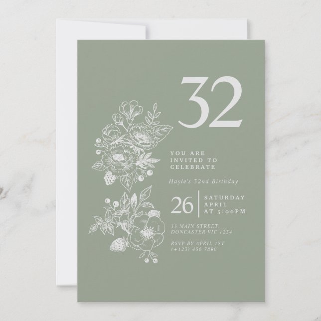 Botanical Wildflower Sage Green 32nd Birthday Invitation (Front)