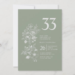 Botanical Wildflower Sage Green 33rd Birthday Invitation