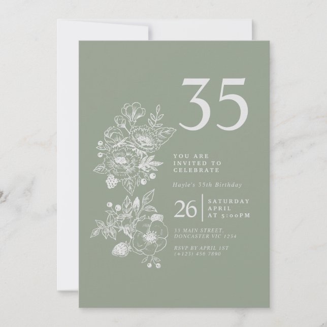 Botanical Wildflower Sage Green 35th Birthday Invitation (Front)