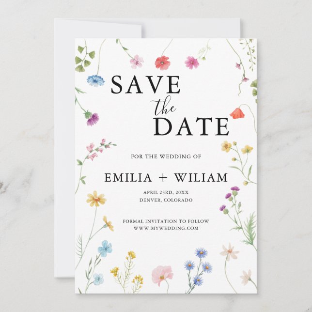 Botanical Wildflower Wedding Save the Date Card (Front)