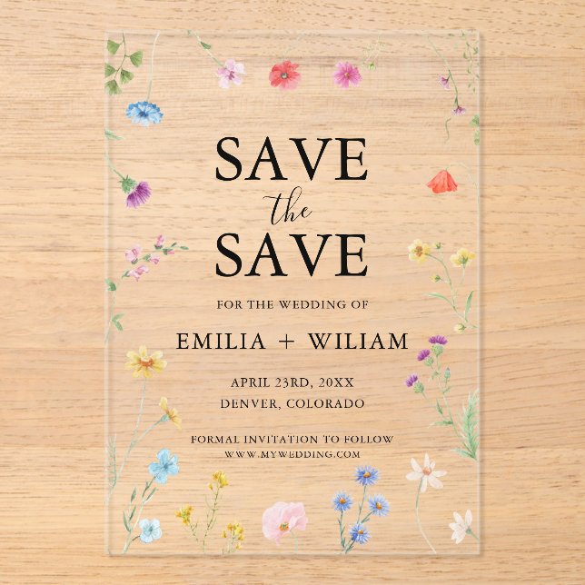 Botanical Wildflower Wedding Save the Date Card Acrylic Invitations (Front)