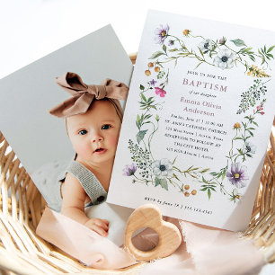 Botanical Wildflowers   Elegant Baptism Photo Back Invitation