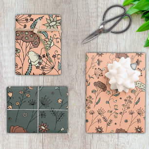Botanical Wildflowers Peach Fuzz & Olive Green Wrapping Paper Sheet