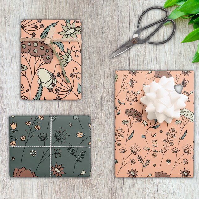 Botanical Wildflowers Peach Fuzz & Olive Green Wrapping Paper Sheet (Creator Uploaded)