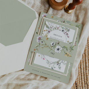 Botanical Wildflowers Soft Green Monogram Wedding Invitation Belly Band