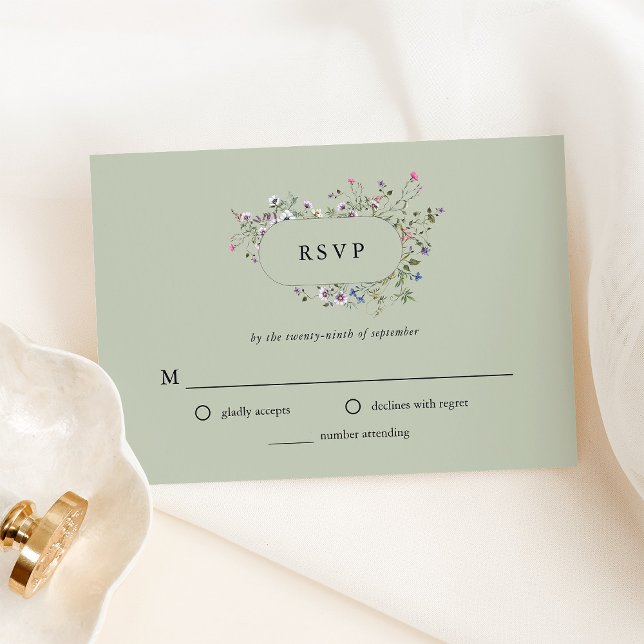 Botanical Wildflowers | Soft Green Wedding RSVP Card (An elegant, soft green wedding rsvp with wildflowers)