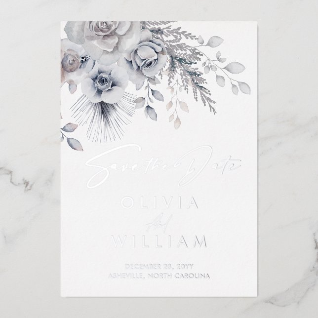 Botanical Winter Floral Silver Save The Date (Front)