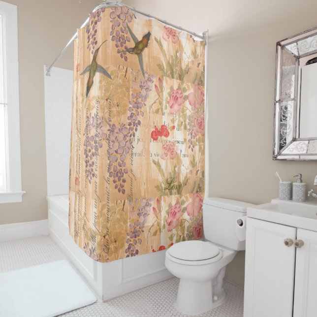 Botanical Wisteria & Rose Flowers Floral Shower Curtain (In Situ)