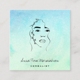 *~* Botanical Woman Greenery Line Art Square Business Card