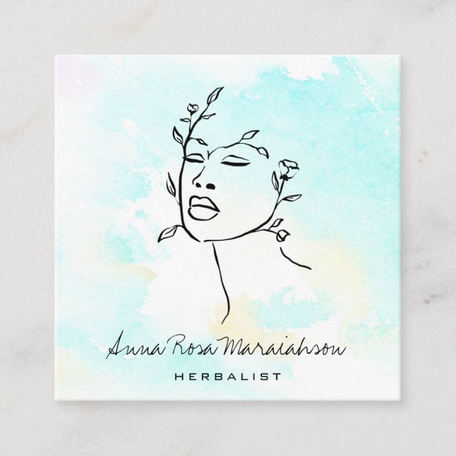 *~* Botanical  Woman Line Art Goddess QR Greenery  Square Business Card (Front)