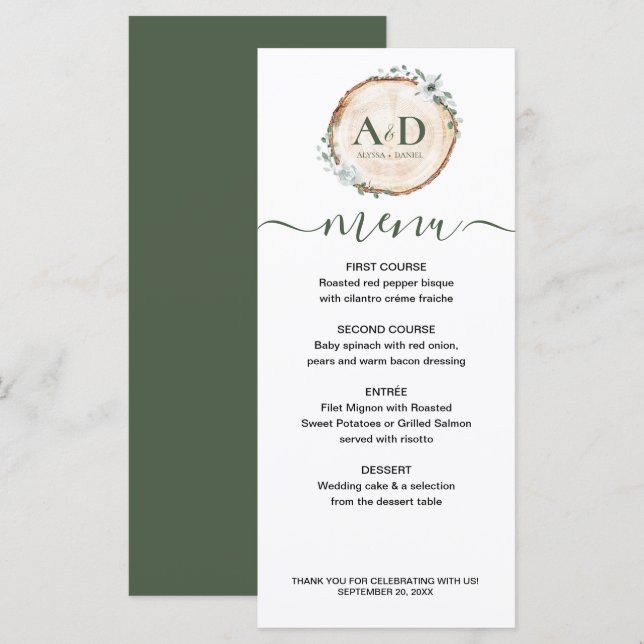 Botanical Wood Slice Wedding Dinner Menu (Front/Back)