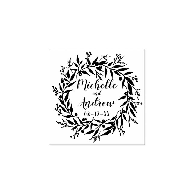 Botanical Wreath and Berries Wedding Rubber Stamp (Imprint)