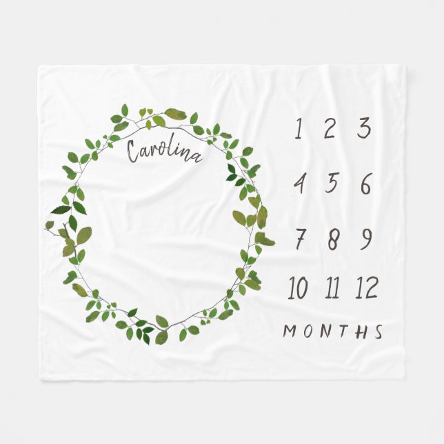 Botanical Wreath Baby Milestone Fleece Blanket (Front (Horizontal))