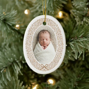 Botanical Wreath Bow Baby's 1st Christmas Photo Ceramic Tree Decoration