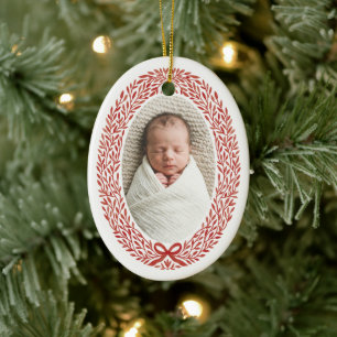 Botanical Wreath Bow Baby's 1st Christmas Photo Ceramic Tree Decoration
