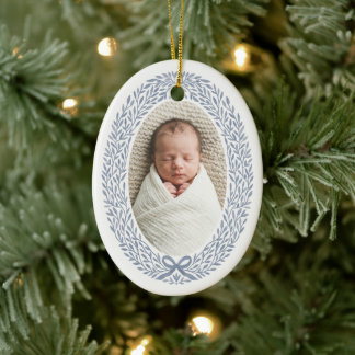 Botanical Wreath Bow Baby's 1st Christmas Photo Ceramic Tree Decoration