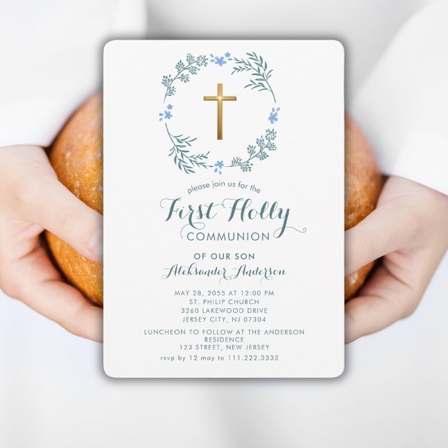 Botanical Wreath Boy First Holly Communion Invitation (Creator Uploaded)