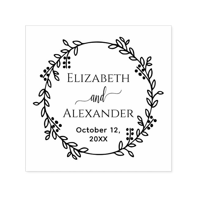 Botanical Wreath Bride Groom Names Date Wedding Self-inking Stamp (Design)