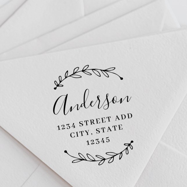 Botanical Wreath Calligraphy Family Name Address Rubber Stamp (Creator Uploaded)